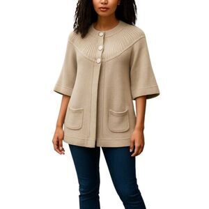 525 America Size M-L Cotton Cardigan Sweater Coat 3/4 Sleeve Button Snaps Beige